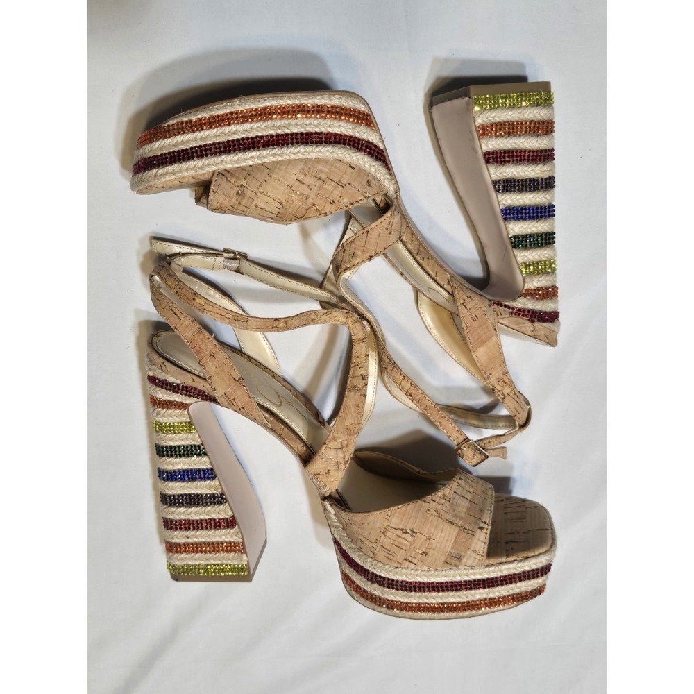 Jessica Simpson Dosia Platform Sandals Rainbow Cork Strappy Block Heel 8M Retro